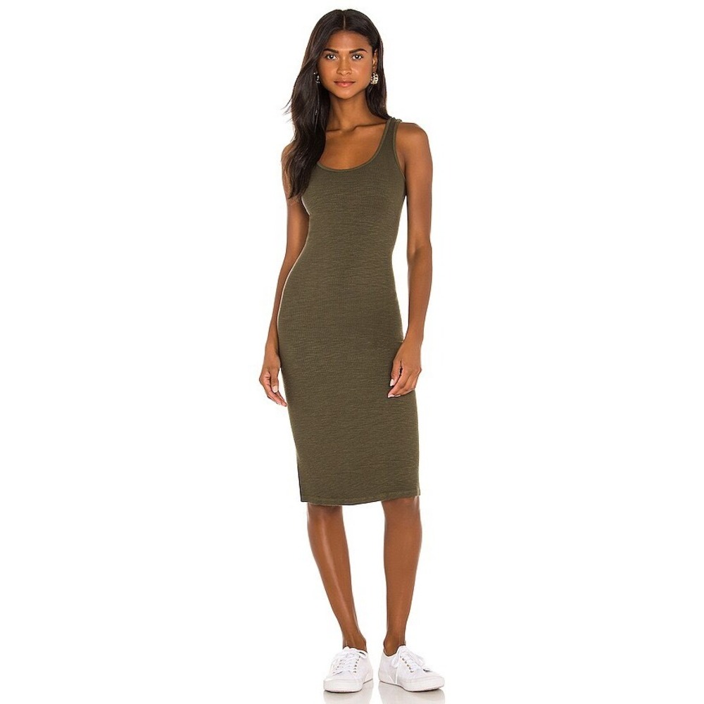 NWT Monrow Womens Ribbed Tank Dress Olive Green Slub Jersey Midi‎ Scoop Neck NEW